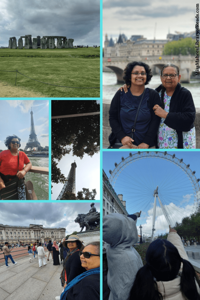 Six-grid frame. top left image of Stonehenge from afar. top right two women smiling with blurred bridge behind them. bottom right two kids, boy in grey hoodie and girl in pigtails pointing at London Eye in distance. bottom left image of women and people in front of Buckingham Palace. middle two images on left of Eiffel Tower. one has woman in red top with tower behind and other showing top half of tower and tree branches.