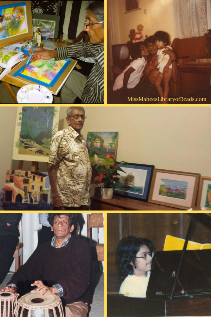 five-grid collage. top left image of elderly man painting with paintbrush and circular palette. paintings around him. top right image of man with two children next to him. both girls wearing white, one looks like toddler. brown chair behind them. middle long image of elderly man in swirly shirt smiling with paintings next to him and behind him. bottom right image of girl in white top and glasses playing at grand piano. bottom left image of man in black jumper playing traditional drums seated on ground.