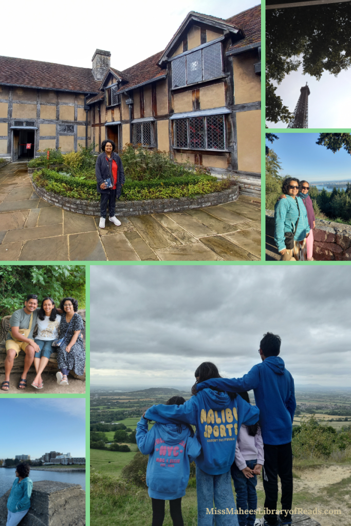 Six-grid image. top left big image of author standing in front of old house. green plants behind her in circular shape. white sky above. top right small image of top section of Eiffel Tower and tree canopy with clouds in between. image below of two women with sunglasses posing for photo and scenery behind them. bright blue sky and pine trees in background. bottom right big image of four children looking out towards green countryside. grey clouds in sky. bottom left image of woman in blue pants and jacket looking towards water. some buildings on other side of water and bright blue sky. image above this photo of author with her siblings, man on left and woman in white in middle seated with bright green leaves behind them.
