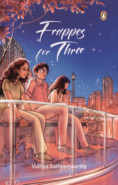 cover image of three teens, two girls and boy between them seated. girl with curly hair and boy with glasses looking out while other girl looking to side. cartoon-style image. city skyline behind them. glass barrier in front of their legs. red leaves from tree above them with dark blue night sky in middle. white letters in night sky reads Frappes for Three.