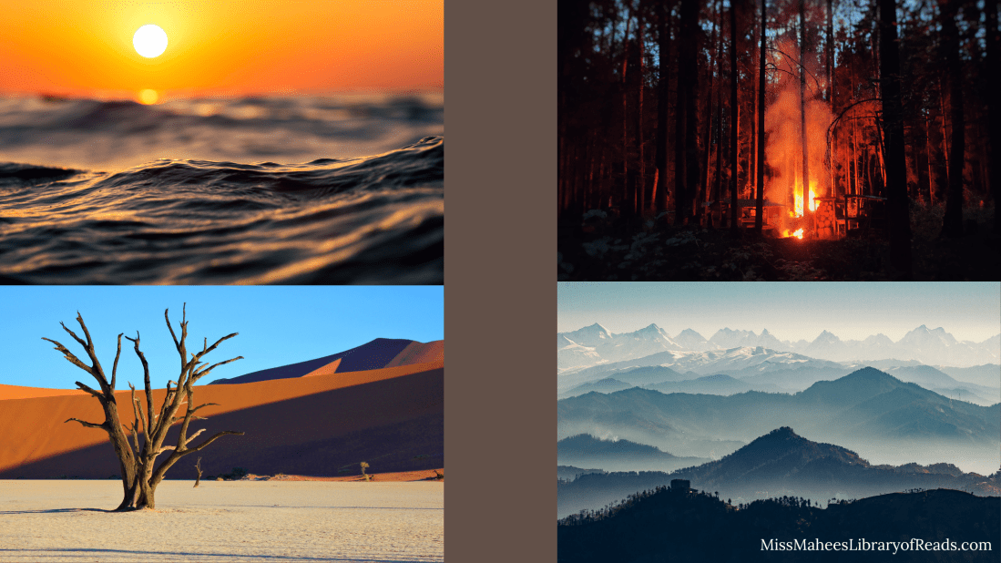 four images along right and left sides with dark brown background visible from middle. top left image of dark coloured ocean waves and small globe of sun in orange sky. bottom left image of desert with rust-coloured hills and bare tree on ground. bright blue sky above hills. top right image of forest with red fire blazing in middle of trees. bottom right image of mountains scenery. shades od blue from light at top of sky to darker and almost black at bottom range of mountains.