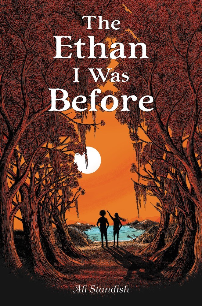 cover image has orange and brown colours. large trees line path with orange sky in background. round moon in sky in middle left. two teens, boy and girl, in middle of path in shadow. large white letters at top reads The Ethan I Was Before.