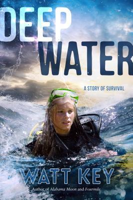 cover image has girl in diving suit with green goggles on head. she's bobbing over ocean waves. blue sky with dark clouds. large white and black letters at top reads Deep Water. below her letters in water reads Watt Key.