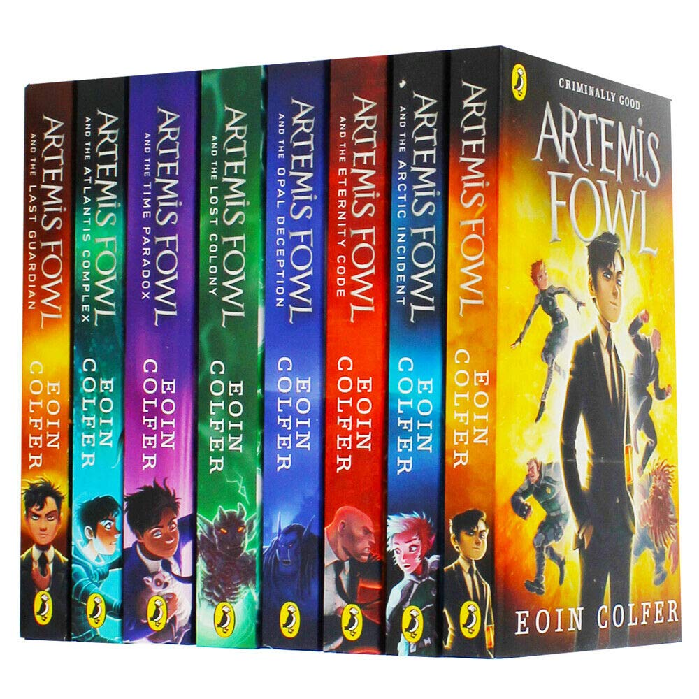 8 books together. series name Artemis Fowl. each title on spine in varying colours and characters at bottom edge. cover that shows is on right of young man in black suit with four people jumping behind him yellow and brown background title above reads Artemis Fowl in large white letters.