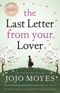 cover image of woman in black walking between two trees with white blossoms on green hill. light green sky. letters in sky in purple and black reads 'the Last Letter from your Lover.'