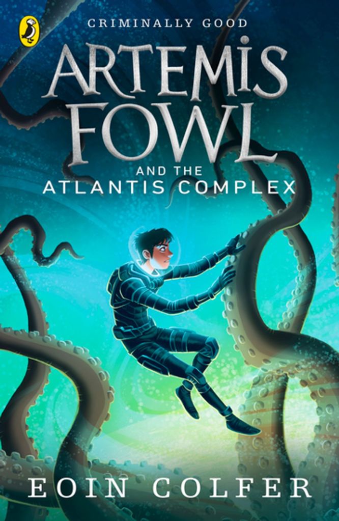 image of young man in diving suit holding on to large brown tentacles under sea. background of blue green water. large white letters at top reads Artemis Fowl and the Atlantis Complex with smaller ones at bottom reading Eoin Colfer.