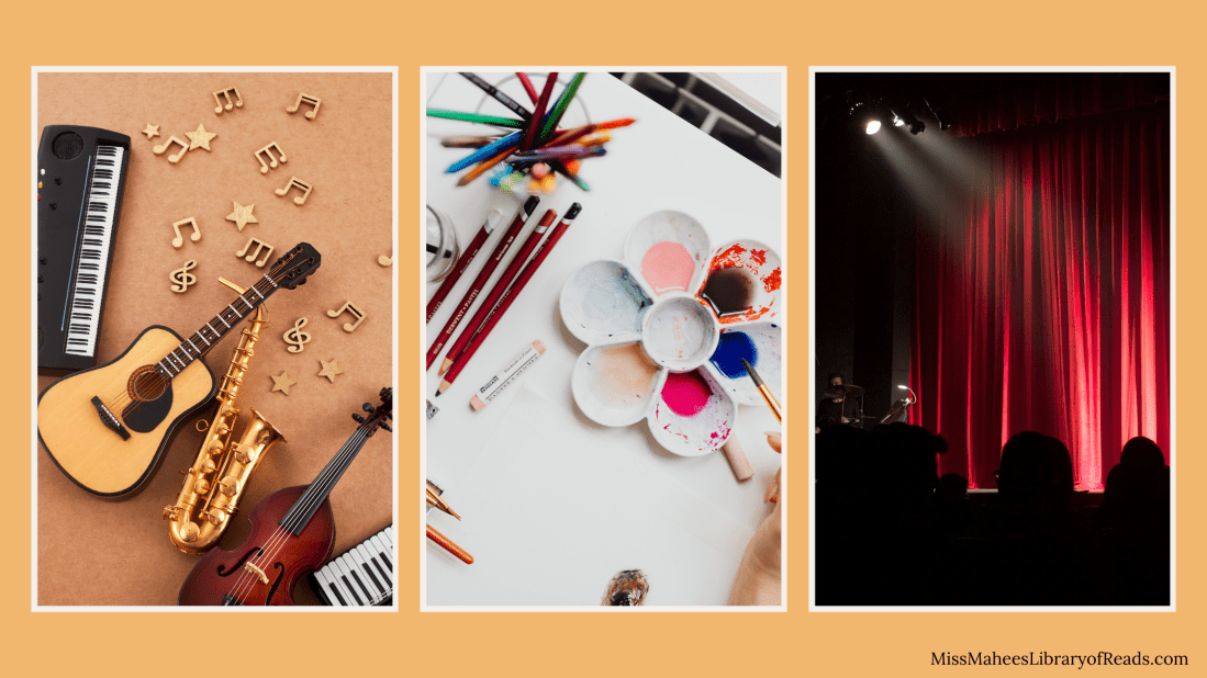 banner with three images in boxes. left image has guitar and music notes with orange background. middle image has paints, brushes, pencils and palette with hand holding brush on white background. right image has front if stage red cutrains and spotlight falling on to red curtains. bright orange background behind all three images.