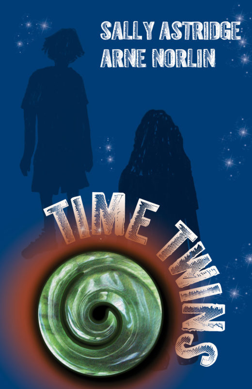 cover image has shadows of two people behind green round shaped spiral with red hue around it. white letters in capitals around this reads Time Twins. dark blue background with stars here and there. white letters at top right reads Sally Astridge and Arne Norlin.