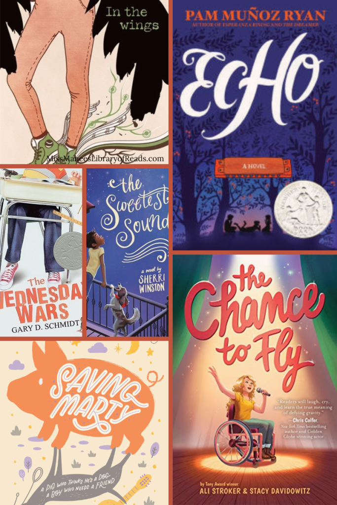 six-grid image. top left has image of person in orange pants and green shoes. black wings on their side green typewritten letters reading In the wings in right black wing. top right image has image of dark blue sky and black trees, three kids in middle. large white letters in middle reads Echo. grey round label on bottom of image. bottom right image of girl in wheelchair in middle of stage and spotlight singing into microphone. green curtains on edges. red letters above her reads The Chance to Fly. bottom left image of orange pig in cream background. cream letters inside pig-shape reads Saving Marty. left middle two smaller images. left-most image of person seated on desk wearing blue jeans and red sneakers book on desk. orange letters reads The ...Ednesda... Wars. middle image of blue starry sky and girl in yellow t-shirt looking out with dog beside her. white cursive letters in sky reads The Sweetest Sound.