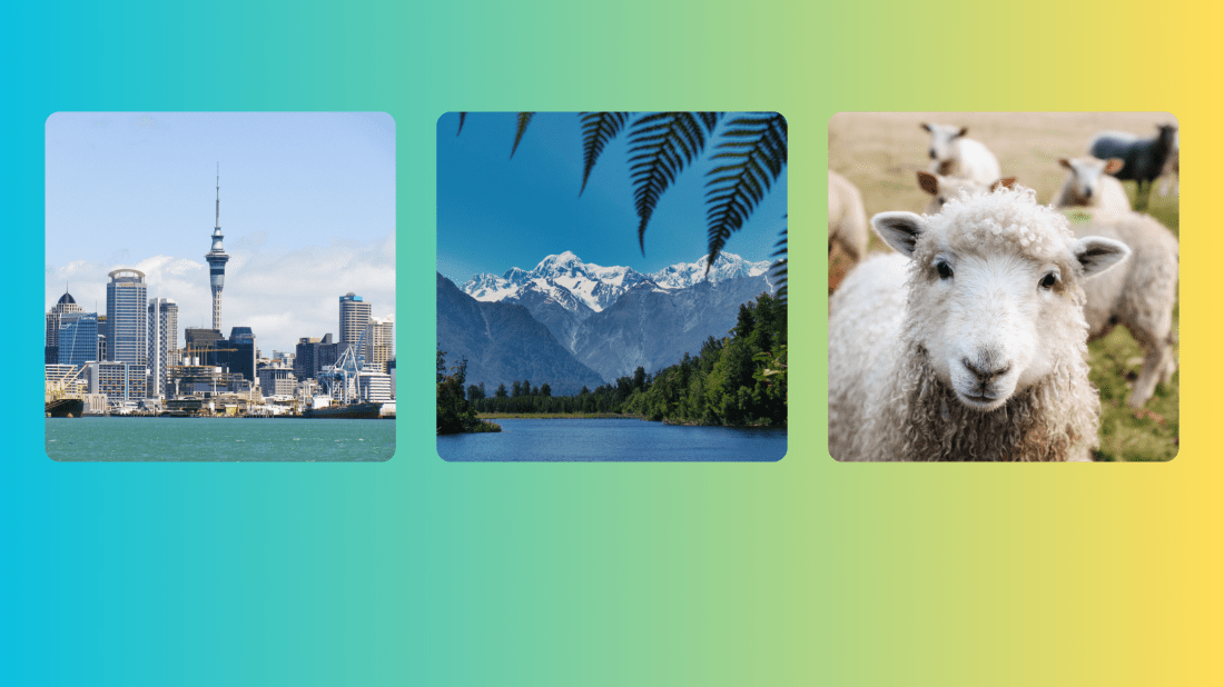 three small images inside banner with background from bright blue to green and yellow from left to right. image on left of Auckland city harbour with sky scrapers and Sky Tower with clouds. middle image of South Island mountains blue lake below trees and fern leaves across top edges. third image has sheep in field with fluffy white wool and small beady eyes.