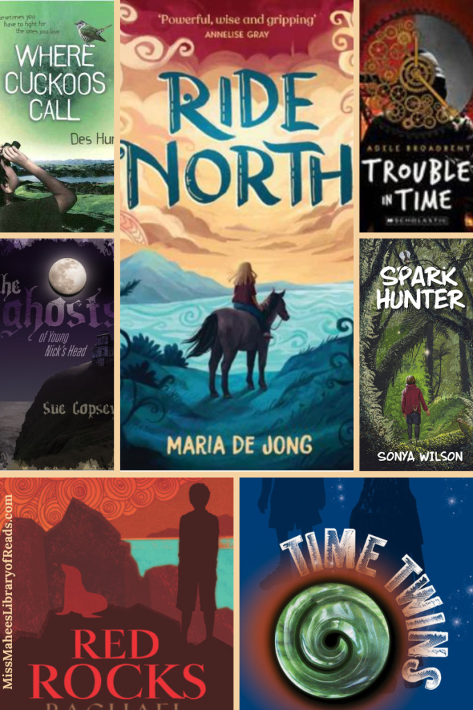 Seven-grid box. top left small image of boy holding binoculars looking at cuckoo bird sitting on white letters reading Where Cuckoos Call. green background of sky and land. large box in top middle. cover of girl on pony on blue hill looking out at blue sea and red orange sky above them. blue letters Ride North in sky. top right image of cog wheels inside ornate clock face. white letters below it reads Trouble in time. image below on right of girl in red jacket inside green forest with large ferns, small yellow sparks above her. white letters above her reads Spark Hunter. bottom right image of green spiral shape and white letters reading Time Twins in white and dark blue shapes behind. bottom left boy standing on dark red shapes looking at blue in middle. large red letters reads Red Rocks below him. left middle small image of dark headland and full white moon at top. faded purple/white letters reads The Ghosts of Young Nick's Head.