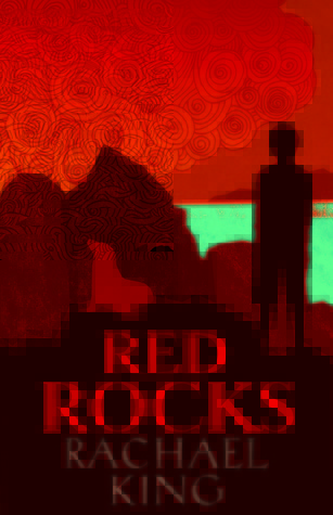 cover image of boy in silhouette standing on dark rocks. shape of seal beside him and green sea with red swirly sky above. large red letters below him reads Red Rocks.