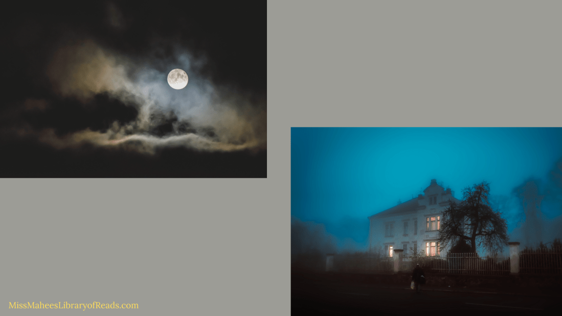 grey background with two images on facing edges. top left edge has photograph of dark night sky with white full moon between dark and light clouds. bottom right image of two-storey house in evening light with soft orange light coming from inside. tree and fence in front with blue mist around back of house.