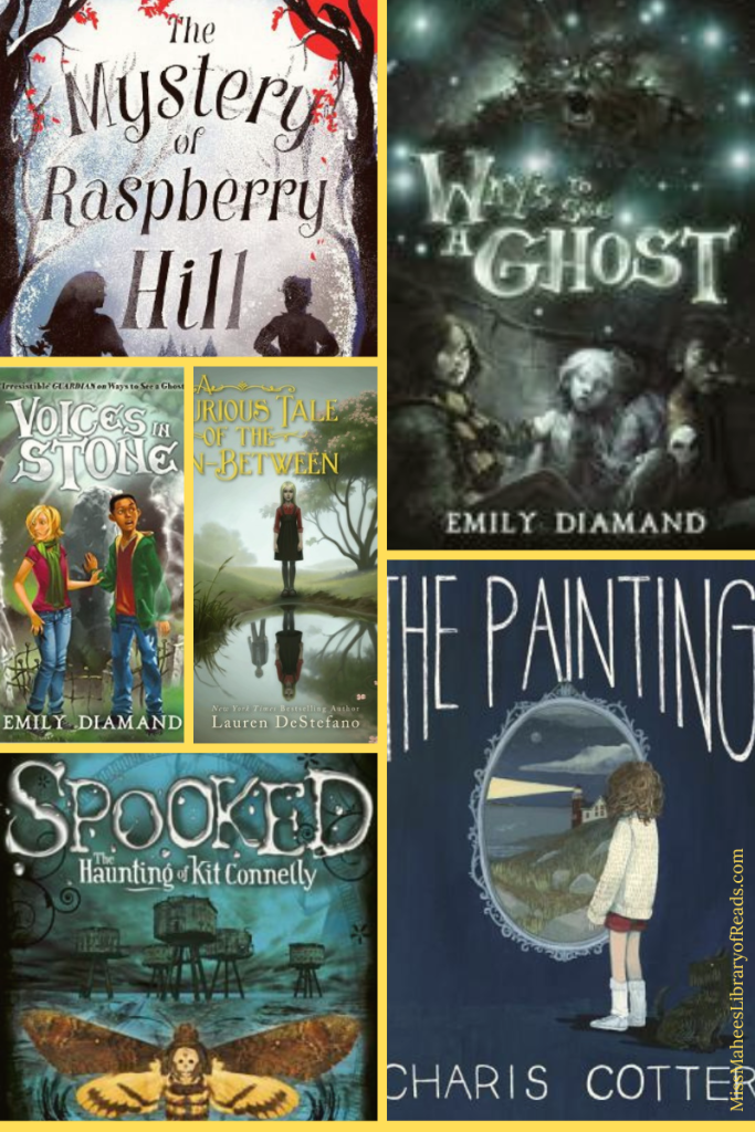 six images in grid. top right has two kids in shadow with trees and words The Mystery of Raspberry Hill between them. top right image has three kids at bottom with pricks of light above them and face of evil spirit. image in black and white. white letters in middle reads Ways to see a ghost. bottom right image of girl looking through round painting of lighthouse on dark blue background with large white letters at top reading The Painting. bottom left image of brown moth with blue/black image of sea and some kind of silo on them. white letters at top read Spooked. middle has two small cover images. middle left has two kids in front of large stone. above them white letters read Voices in stone. middle image of girl at pond outside and in reflection there's a ghost boy behind her, letters above her in yellow reads A curious tale of the in-between.