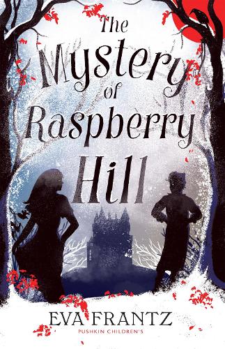cover image has two kids, boy and girl, in shadow with castle shape on hill between them tall trees beside them with snall red leaves and red moon or sun in top right corner. blue/white background. dark letters in middle reads The Mystery of Raspberry Hill with smaller ones at bottom reads Eva Frantz.
