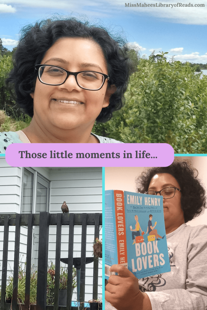 three-grid frame with three images. top image of blog author smiling outside with blue sky and small white clouds. small trees and bush behind her. bottom right same person holding blue book Book Lovers in hand reading it with white walls behind her. bottom left image of small brown bird on fence striped wall and door behind it and bird bath beside plant pot.