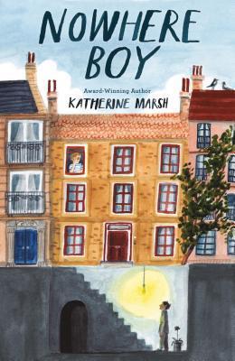 cover image has portion of row of houses with small figure looking out of top window. below houses image of boy standing below stairs with single light bulb above him. dark letters in sky above reads Nowhere Boy.