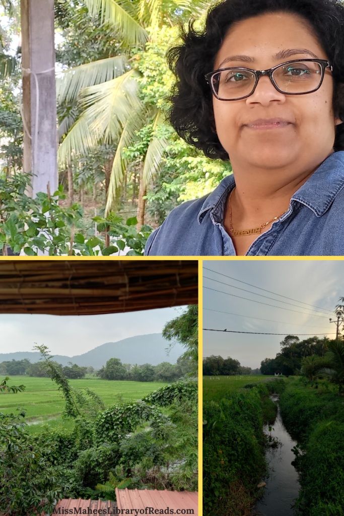 3-grid frame. top image of author in denim top with trees behind her. bottom right has green rice fields with small stream between and trees at back with power lines running along cloudy sky. left image of rice fields, blue-grey mountains and small sliver of light blue sky. brown steps at bottom of image and piece of wood at top.