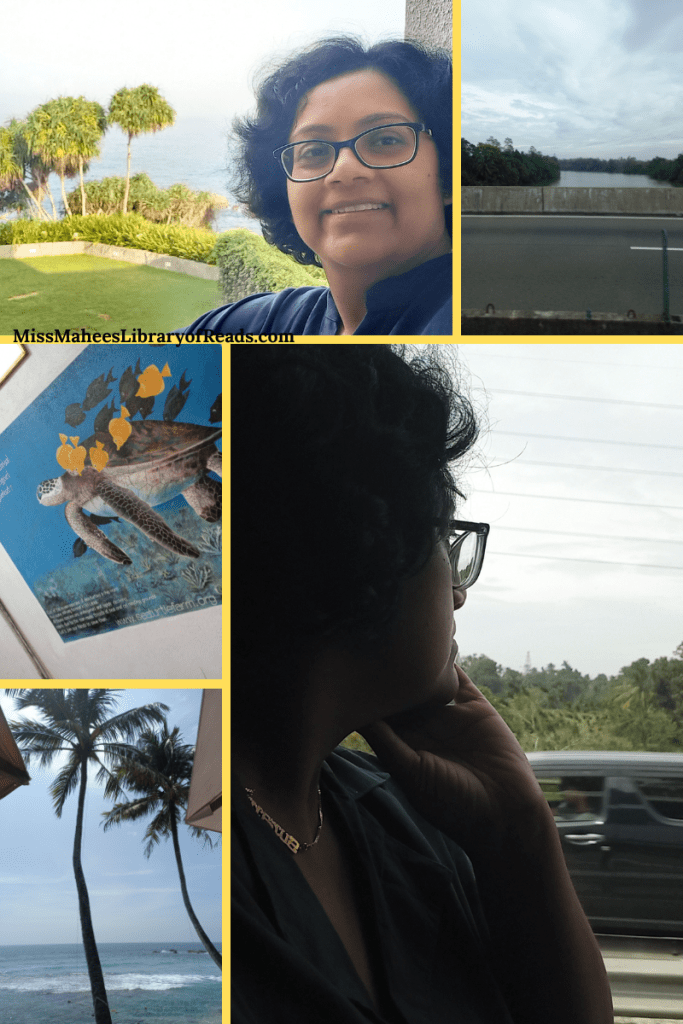 5-grid frame with photos. top left image of author in blue stop with green lawn and trees and sea and sky behind her. top right image of river between trees seen from road and clouds streaking in sky. bottom right large image of author looking out of window at trees and sky with power lines. bottom left image of coconut trees and sea and sky behind it and bright sun hidden behind central tree. middle left image of picture of large turtle in sea on wall.