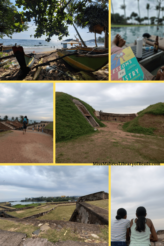 6-grid frame. top left image of beach, people playing in sea, boat on beach and trees above it all. top right image of pool out of focus and trees while author's feet and book are slightly focused. white bottle beside her on small table. middle right image of possible site of artillery and mounds on fort. middle left image of small child on man's shoulder as he walks towards lower level of fort, sliver of blue sea with cloudy evening sky at top half. bottom right image of two girls in green and white top, one has hair in bun while the other has long ponytail, they look out at cloudy sky. bottom left image of levels of fort, edge of sea and cloudy sky above.