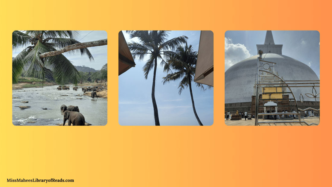 banner has three images or photos. left image of elephants in river with coconut tree across top with hill and blue sky. middle image of two coconut trees and two triangular shapes jutting in from sides with blue sky in background. right image of large half-moon shaped Buddhist stupa small cloud and blue sky behind. metallic gate in foreground. background of banner has yellow colour on left and becomes darker to orange in right.