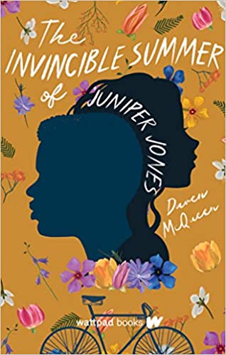 cover image has profile of two young people side by side in middle. one facing left looks like boy and other facing right looks like a girl. orange background has images of different flowers and leaves and bicycle along bottom. white letters at top reads The Invincible Summer of and Juniper Jones along profile of girl.