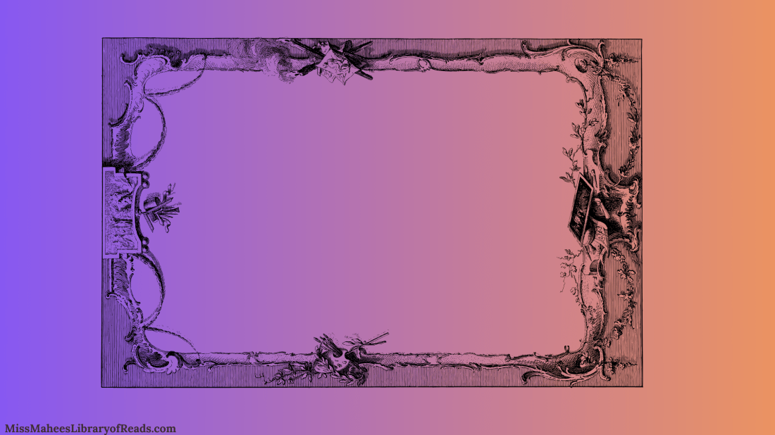 banner image has frame in middle which has a vintage look to it. oriented in landscape it has black and white ink drawing quality, leaves and vines and flowers. detailed edge on left and right edges. background has purple colour shading into orange from left to right.