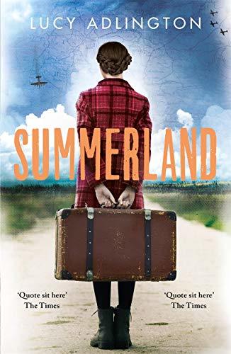 image of young girl holding brown suitcase behind her in both hands looking at countryside. large white clouds and blue sky in her horizon and biplane diving into cloud in left side. girl wears red and black coat in checked pattern with intricate braid in hair and dark shoes. she stands on gravel path. large orange letters across middle of this reads Summerland and smaller white letters at top reads Lucy Adlington.