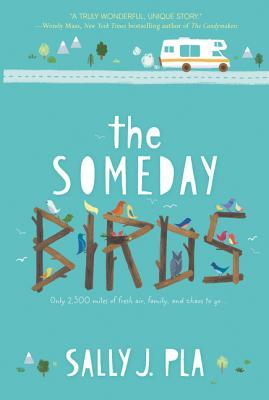 cover has cartoon-style image of white camper van on road and trees and small mountains along top. title the Someday Birds in middle with the first two words in white and Birds made up of twigs and birds on them. smaller white letters at bottom reads Sally J. Pla. bright blue background.